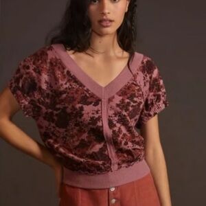 Anthropologie Pilcro V-Neck Floral Sweatshirt Short Sleeve Mauve Pink Size Small